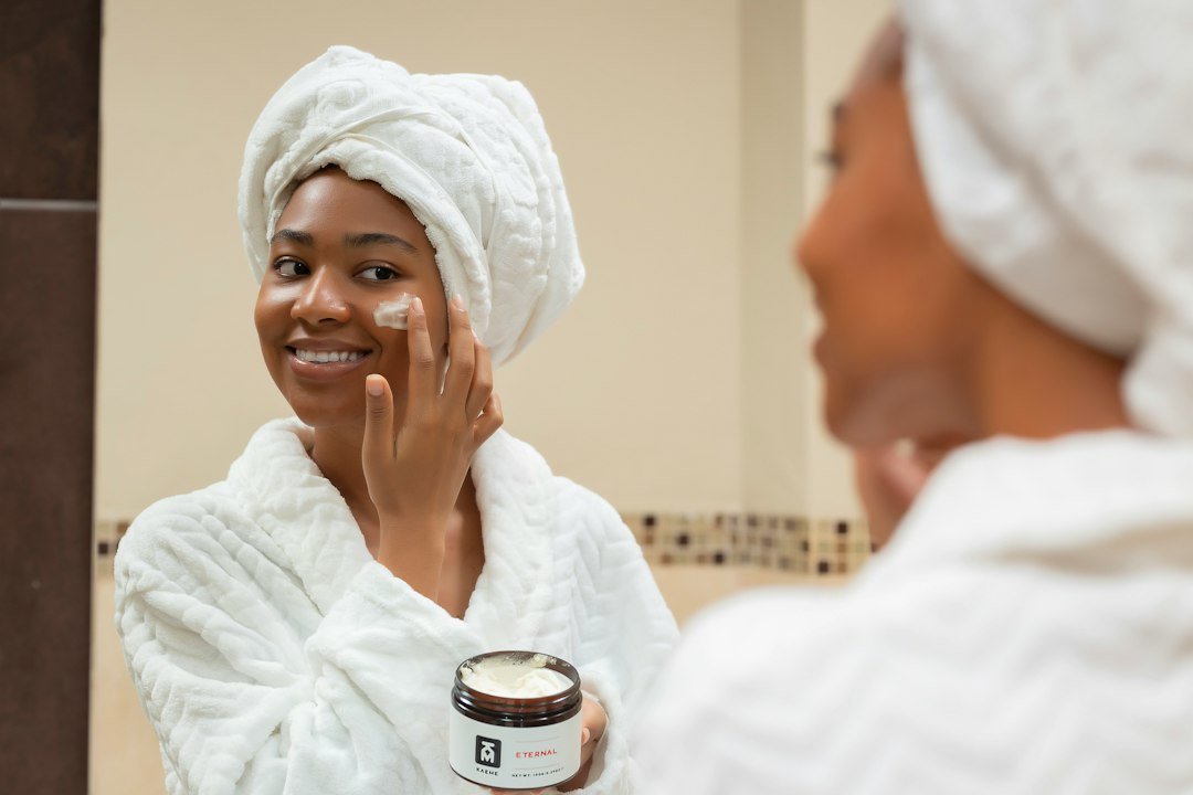 Woman enjoying a skincare and self-care routine